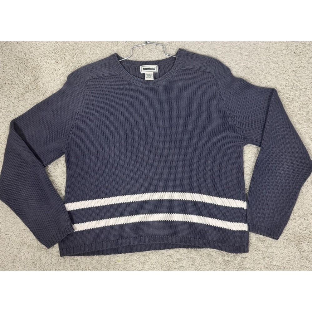 LL Bean Chunky Knit Gray 100% Cotton Pullover Sweater‎ Women's M Striped Classic